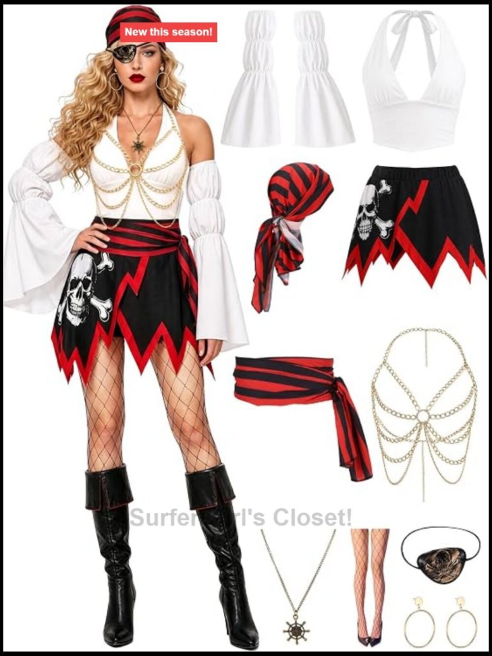 9 Piece Women's Pirate Wench Costume Set with Halter Top, Skull Print Skort,